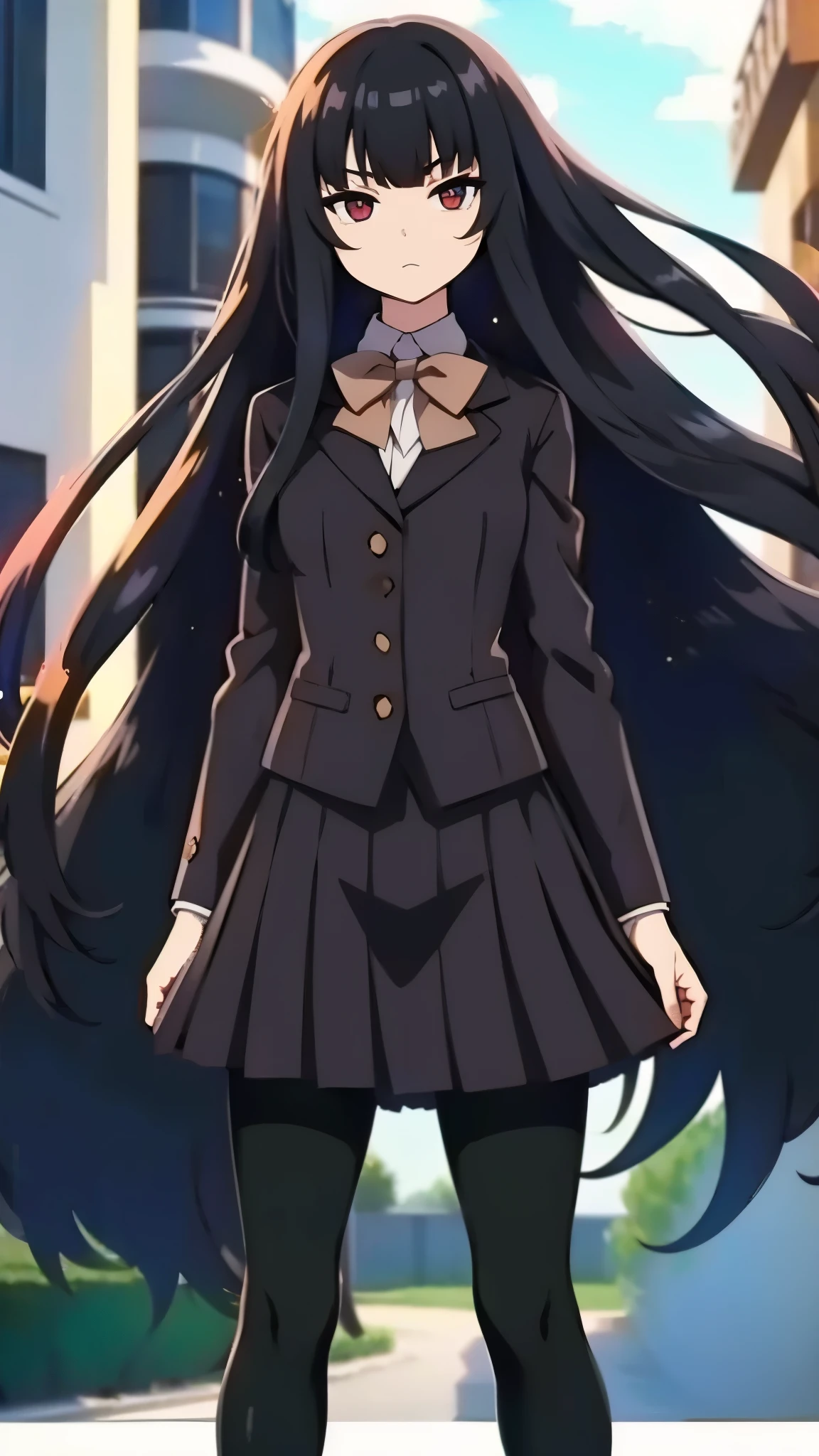 1femail, ultra high res, Best quality, ultra detailed, UHD, adult body, shape, clear detail face, high nose(1:2), large mouth, red eyes, standing, adult body, wearing a black blazer, school uniform, long hair, pantyhose (black), dark brown bowtie, anime style, intricate details, sharpen, 8k, masterpiece, intense gaze, dark eyelashes, slightly hanging eyes, black skirt