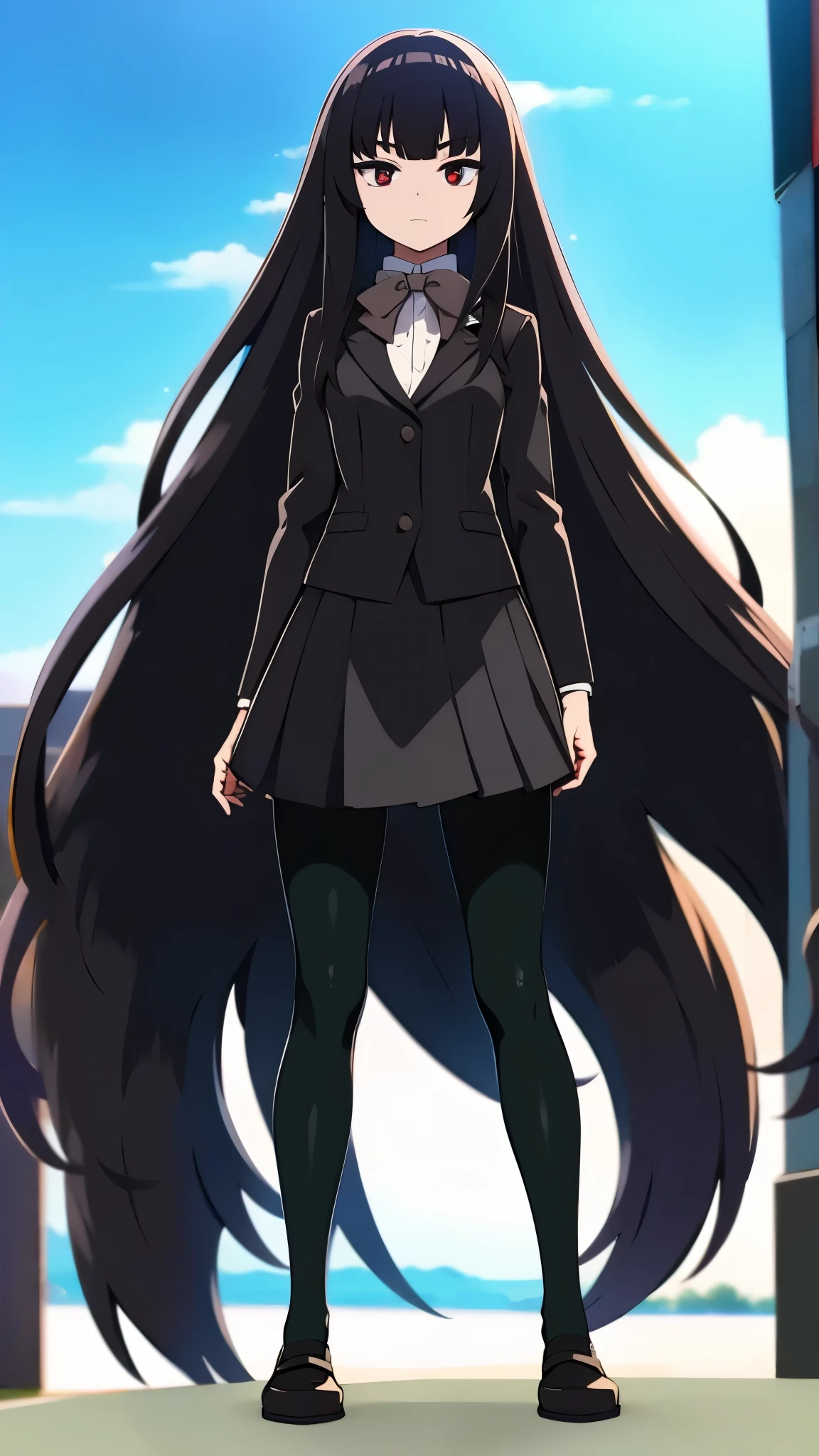 1femail, ultra high res, Best quality, ultra detailed, UHD, adult body, shape, clear detail face, high nose(1:2), large mouth, red eyes, standing, adult body, wearing a black blazer, school uniform, long hair, pantyhose (black), dark brown bowtie, anime style, intricate details, sharpen, 8k, masterpiece, intense gaze, dark eyelashes, slightly hanging eyes, black skirt