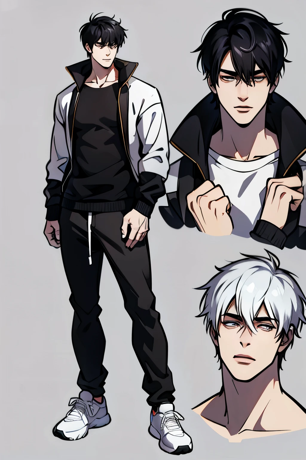 Character Sheet, Character Design, male, 20 years old, black hair, modern clothes, white sweater, black pants, white shoes, ((masterpiece)), 4K, 8K, 16K, UHD, Ultra HD, Ultra detailed