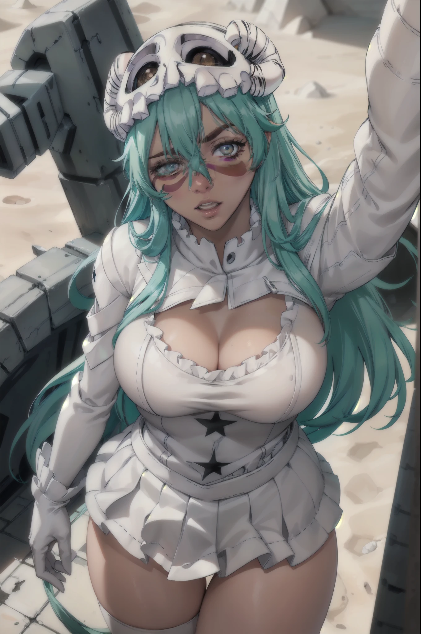  nellyeltuodelschwank ,  Nelliel you odellschwank ,  Long hair ,  green hair, ( facial mark :1.5), scull, ( brown eye :1.5),  green hair, BREAK espada suit, partially dress, white одеваться, cleavage,  long sleeves , collar, skirt, white skirt, gloves, white gloves,  sexy parts of the body slightly crush, pop,  uncensored , you can see cowards, beautiful breasts , you can see the chest, BREAK outdoors, desert, sky, Sun, cloud, BREAK looking at viewer, (  cowboy shot  :1.5), BREAK (masterpiece:1.2),  Best quality,  High definition, unity 8k wallpaper, ( illustration:0.8), ( beautiful detailed eyes :1.6),  extremely detailed face,  perfect lighting ,  Extremely detailed computer graphics, (perfect hands,  Perfect Anatomy ),