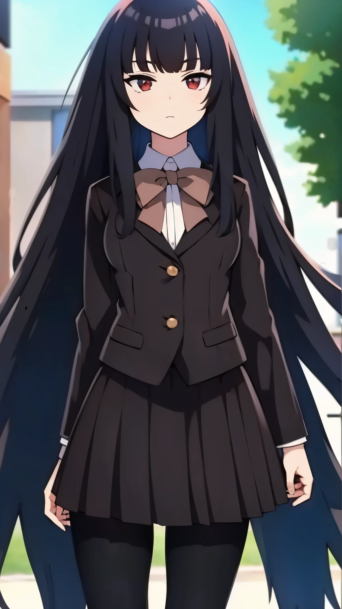 1femail, ultra high res, Best quality, ultra detailed, UHD, adult body, shape, clear detail face, high nose(1:2), large mouth, red eyes, standing, adult body, wearing a black blazer, school uniform, straight long hair, pantyhose (black), dark brown bowtie, anime style, intricate details, sharpen, 8k, masterpiece, intense gaze, dark eyelashes, slightly hanging eyes, black skirt