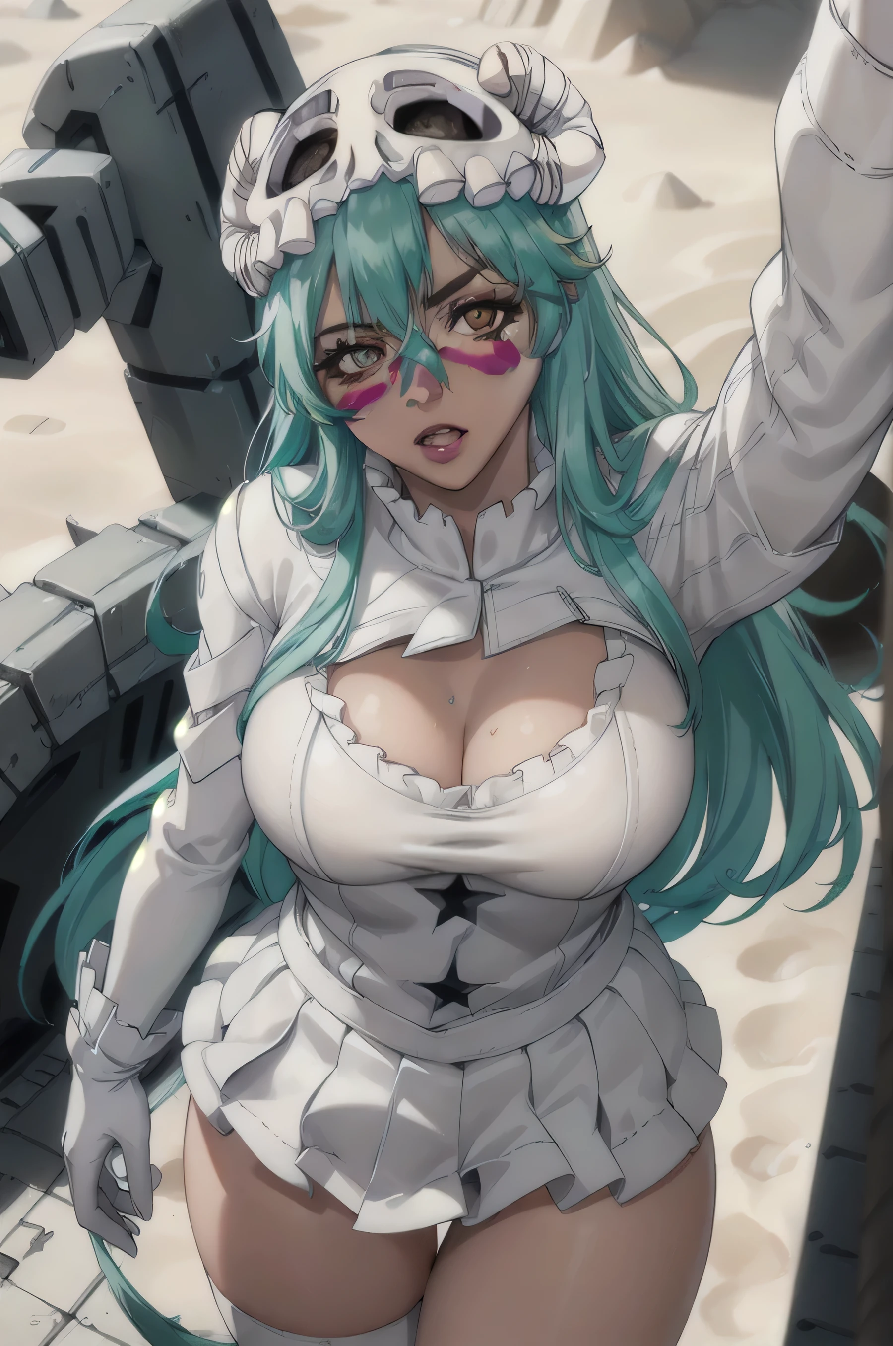  nellyeltuodelschwank ,  Nelliel you odellschwank ,  Long hair ,  green hair, ( facial mark :1.5), scull, ( brown eye :1.5),  green hair, BREAK espada suit, partially dress, white одеваться, cleavage,  long sleeves , collar, skirt, white skirt, gloves, white gloves,  sexy parts of the body slightly crush, pop,  uncensored , you can see cowards, beautiful breasts , you can see the chest, BREAK outdoors, desert, sky, Sun, cloud, BREAK looking at viewer, (  cowboy shot  :1.5), BREAK (masterpiece:1.2),  Best quality,  High definition, unity 8k wallpaper, ( illustration:0.8), ( beautiful detailed eyes :1.6),  extremely detailed face,  perfect lighting ,  Extremely detailed computer graphics, (perfect hands,  Perfect Anatomy ),