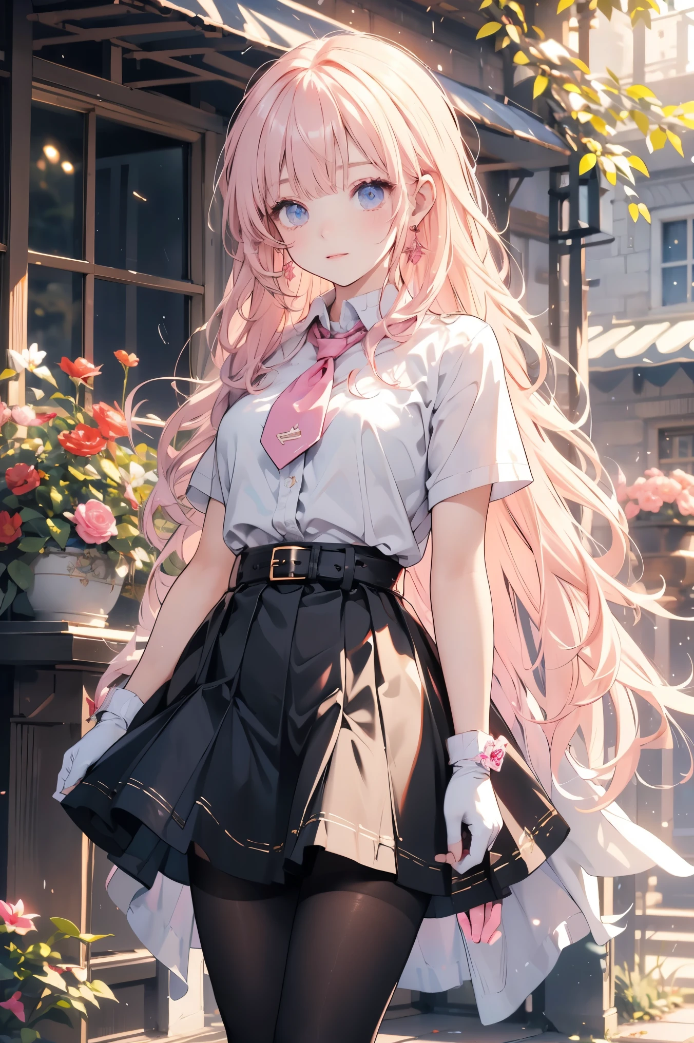 water，Wet，masterpiece,Best Quality, high definition, extremely detailed,Elena,Have,Long Hair,curl,Pink Eyes, earrings for a woman alone,Cape, dress,Short sleeve,Gloves,belt,skirt, black pantyhose,boots,Wind lift,,(It makes me feel embarrassed:1.2), outdoor ,garden,