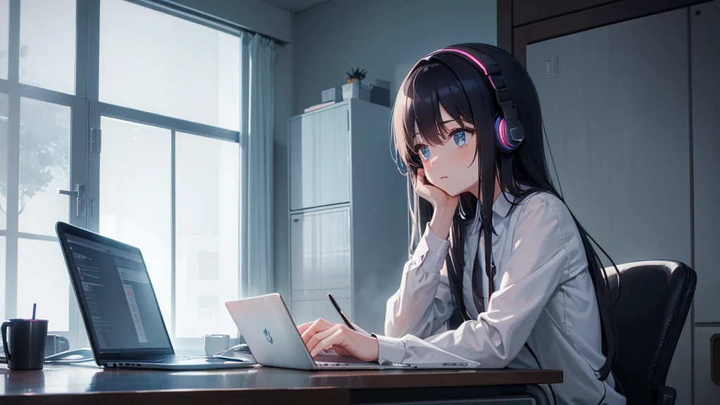 "An anime-style illustration of a young woman wearing headphones, working on her laptop in a dark room where the only light source is the soft glow from the laptop screen. She is focused on the screen, with a calm and concentrated expression. The room is dim and shadowed, with the laptop's light softly illuminating her face and casting subtle shadows around her. Through the window, a beautiful night view of tall city buildings with scattered lights creates a peaceful, urban backdrop. The color palette is dark and muted, emphasizing the quiet, late-night atmosphere perfect for lo-fi music. The character has natural proportions, with a relaxed and comfortable posture, and minimal room details to enhance the tranquil mood."

