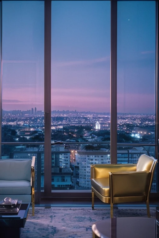 dreamy, luxurious apartment with satin metallic furniture at twilight with a view overlooking of a city. gradient of light blue and white sky, enhancing the magical, serene atmosphere. 1994 retro film still, retrowave