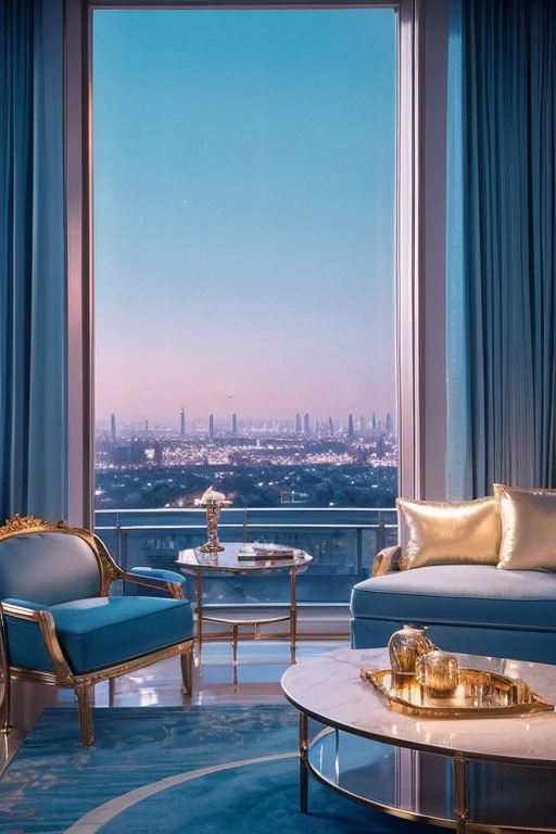 dreamy, luxurious apartment with satin metallic furniture at twilight with a view overlooking of a city. gradient of light blue and white sky, enhancing the magical, serene atmosphere. 1994 retro film still, retrowave