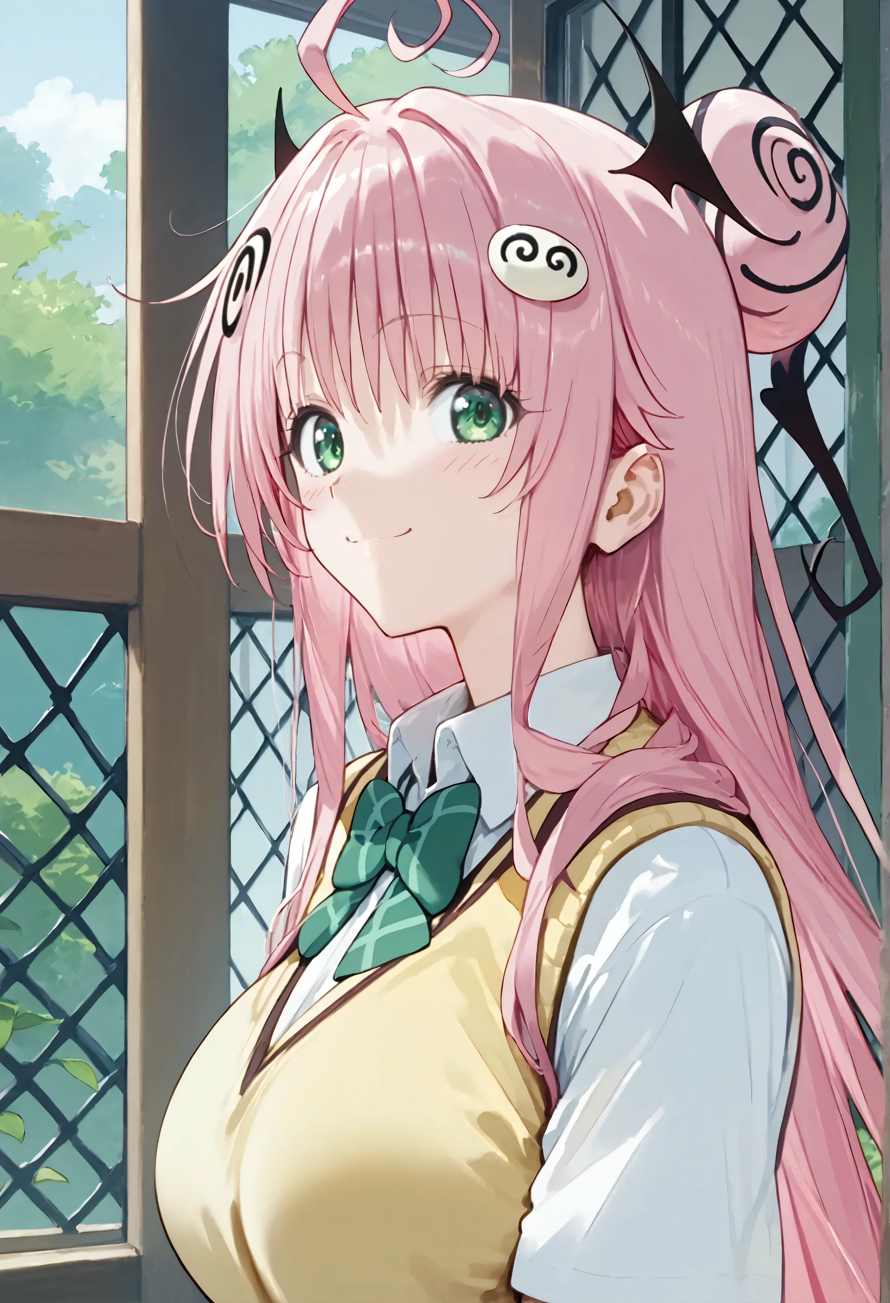 score_9,score_8_up,score_7_up,score_6_up BREAK official art,solo,outdoors,upper body,(portrait:1.5),looking at viewer,facing viewer,smile,blush,Lala Satalin Deviluke,ahoge,very long hair,pink hair,hair ornament,sidelocks,bangs,green eyes,school uniform,sweater vest,yellow vest,white shirt,collared shirt,green bowtie,short sleeves,large breasts,miniskirt,green skirt,plaid skirt,pleated skirt,tail,zettai ryouiki,black thighhighs,loafers