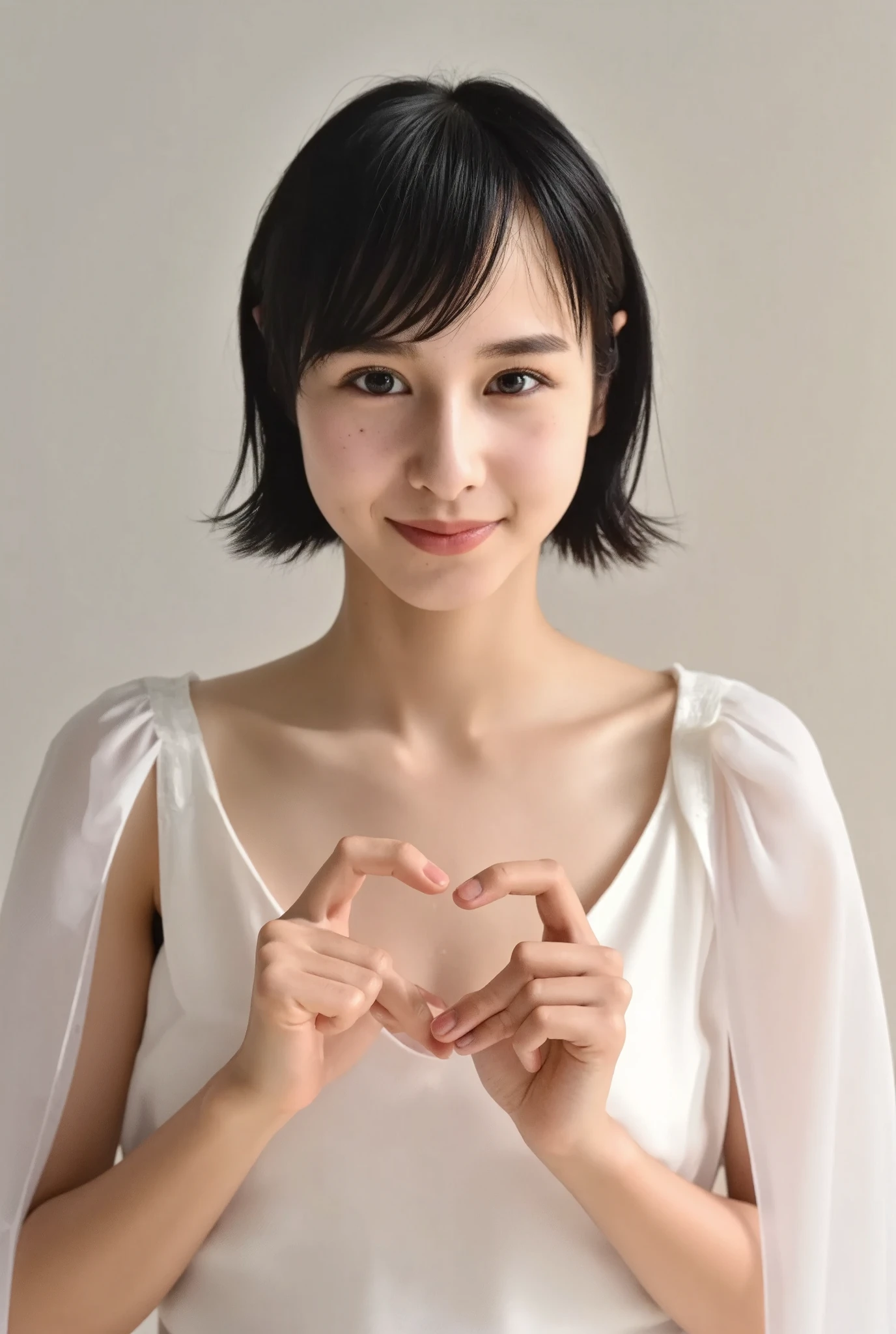 She is in a pose wearing a camisole, making a firm big heart shape with both hands, and holding it in front of her chest, View above collarbone、Throat up for a cute smile、Monotone background

