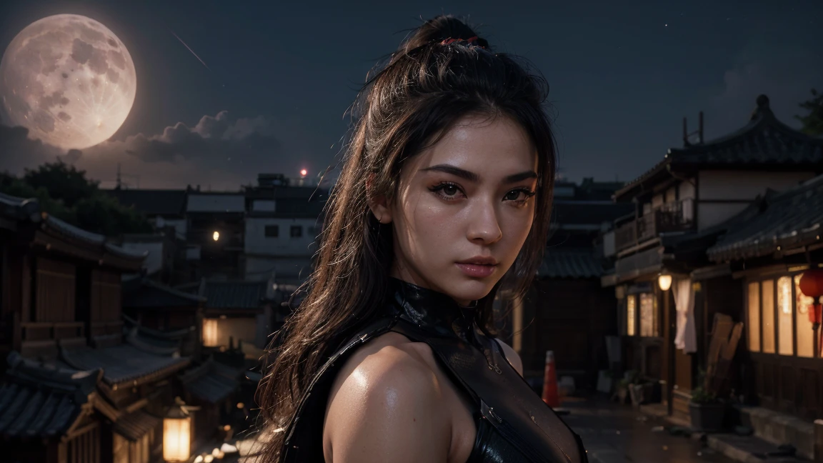 a highly muscular female ninja with 1 katana, the upper coltes are made of net (seethrough), on a chinese town roof at night, 1girl, detailed eyes, detailed lips, extremely detailed face, longeyelashes, beautiful ninja outfit, dramatic pose, glowing moon, neon city lights, realistic, photorealistic, photo-realistic:1.37, best quality,4k,8k,highres,masterpiece:1.2,ultra-detailed,vivid colors,studio lighting,physically-based rendering,extreme detail description,professional