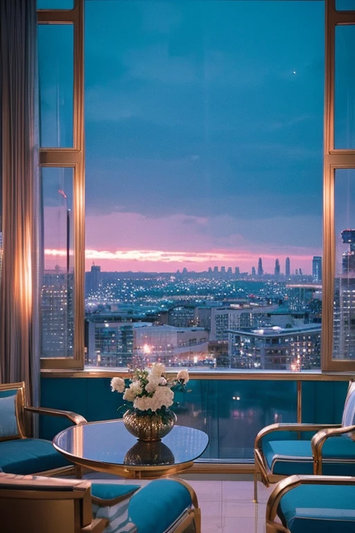 dreamy, luxurious apartment with satin metallic furniture at twilight with a view overlooking of a city. gradient of light blue and white sky, enhancing the magical, serene atmosphere. 1989 retro film still, retrowave