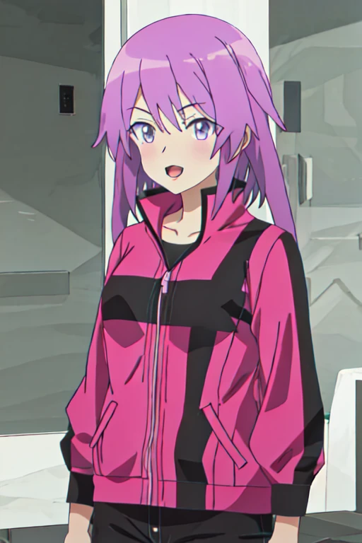 Best Quality, masterpiece,  high definition, Alone, { Hirasaka _Yotsuyu _alicegearaegisexpansion:1.15}, purple_hair, purple_eye, length_hair, ,  1 girl,  jacket,  staring _in_ viewers, open_mouth, Tracking_ jacket