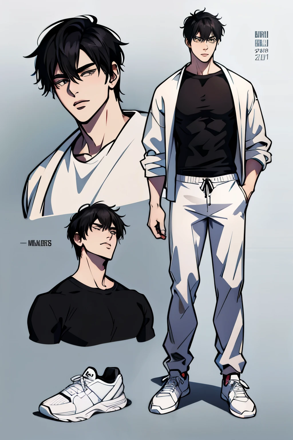 Character Sheet, Character Design, male, 20 years old, black hair, modern clothes, white sweater, black pants, white shoes, ((masterpiece)), 4K, 8K, 16K, UHD, Ultra HD, Ultra detailed