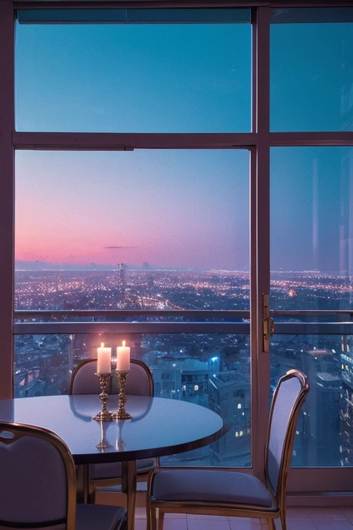 dreamy, luxurious apartment with satin metallic furniture at twilight with a view overlooking of a city. gradient of light blue and white sky, enhancing the magical, serene atmosphere. 1989 retro film still, retrowave