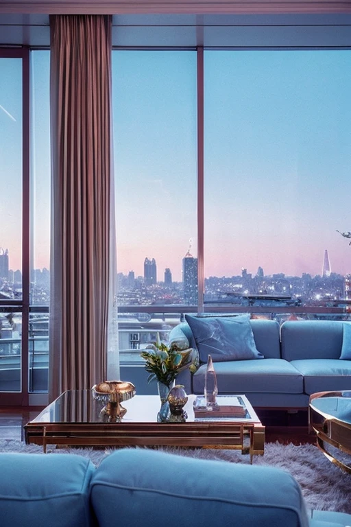 dreamy, luxurious apartment with satin metallic furniture at twilight with a view overlooking of a city. gradient of light blue and white sky, enhancing the magical, serene atmosphere. 1989 retro film still, retrowave