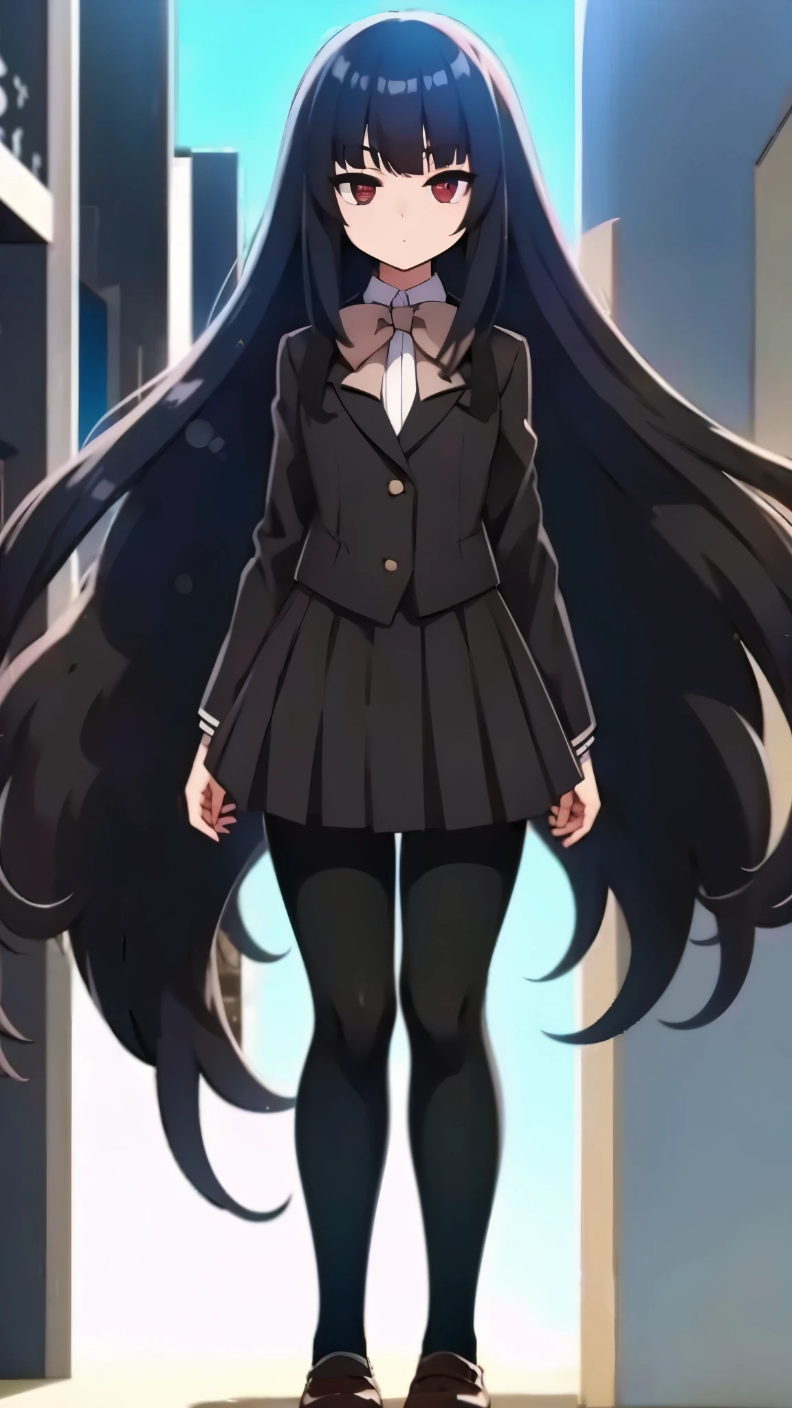 1femail, ultra high res, Best quality, ultra detailed, UHD, moon night, adult body, shape, clear detail face, high nose(1:2), large mouth, red eyes, standing, adult body, wearing a black blazer, school uniform, straight long hair, pantyhose (black), dark brown bowtie, anime style, intricate details, sharpen, 8k, masterpiece, intense gaze, dark eyelashes, slightly hanging eyes, black skirt