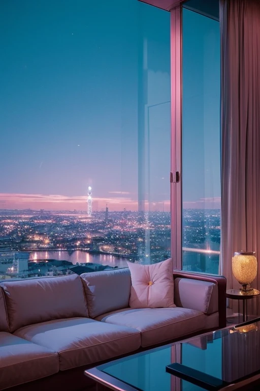 dreamy, luxurious apartment with satin metallic furniture at twilight with a view overlooking of a city. gradient of light blue and white sky, enhancing the magical, serene atmosphere. 1989 retro film still, retrowave