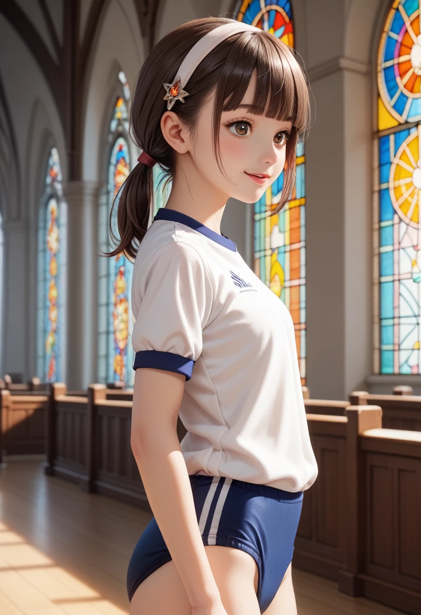 perfect anatomy, precise illustration, extremely detailed CG, ((masterpiece, best quality, extremely detailed, absurdres)), Background Blur, Stained glass, pipe organ, 1girl, ((Blunt bangs)), gym uniform, (buruma:1.7), brown hair, brown eyes, low ponytail, hairband, ((She wears a silver-star-hairpin on her right bang)), cowboy shot, walking, at church, evil smile, (solo), masutepiece, ultra-detailliert, best quality, (from side:1.4),