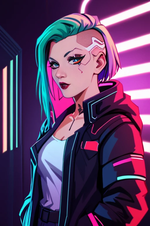 score_9, score_8_up, score_7_up, zPDXL3, detailxl, Ultradetailed illustration of a female close up; 1 girl, neon cyberpunk setting, cyberpunk 2 0 7 7, highly detailed, Concept art by jama jurabaev