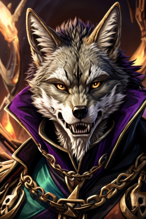 close-up head, D&D style art work, warlock character, bone chain shirt, coyote demi-human face,