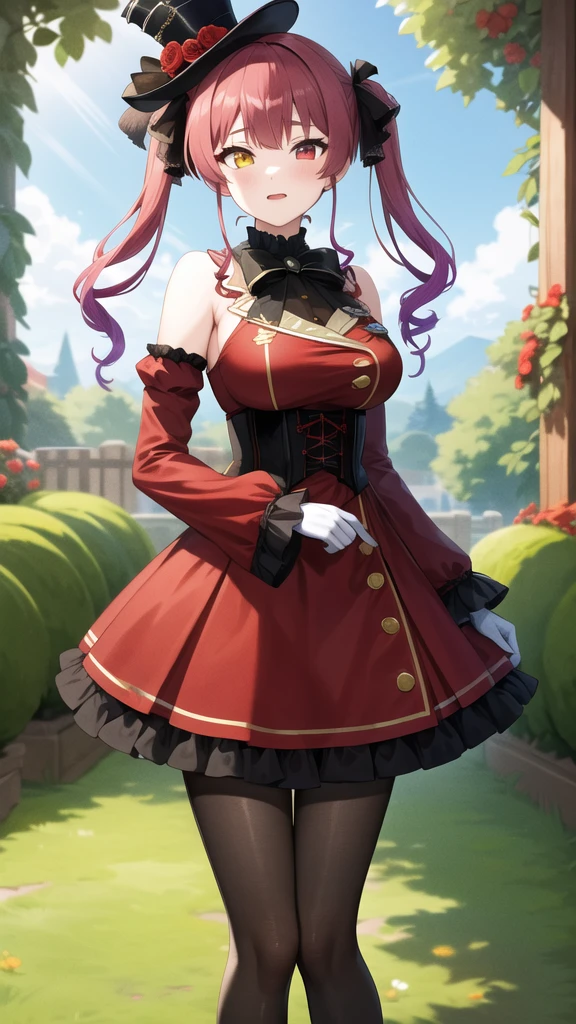 masterpiece, best quality, highres, ddmarine, twintails, drill hair, top hat, hat flower, heterochromia, black bowtie, underbust, bare shoulders, frills, black ribbon, red dress, detached sleeves, red sleeves, long sleeves, corset, black gloves, pantyhose, standing, cowboy shot, garden,