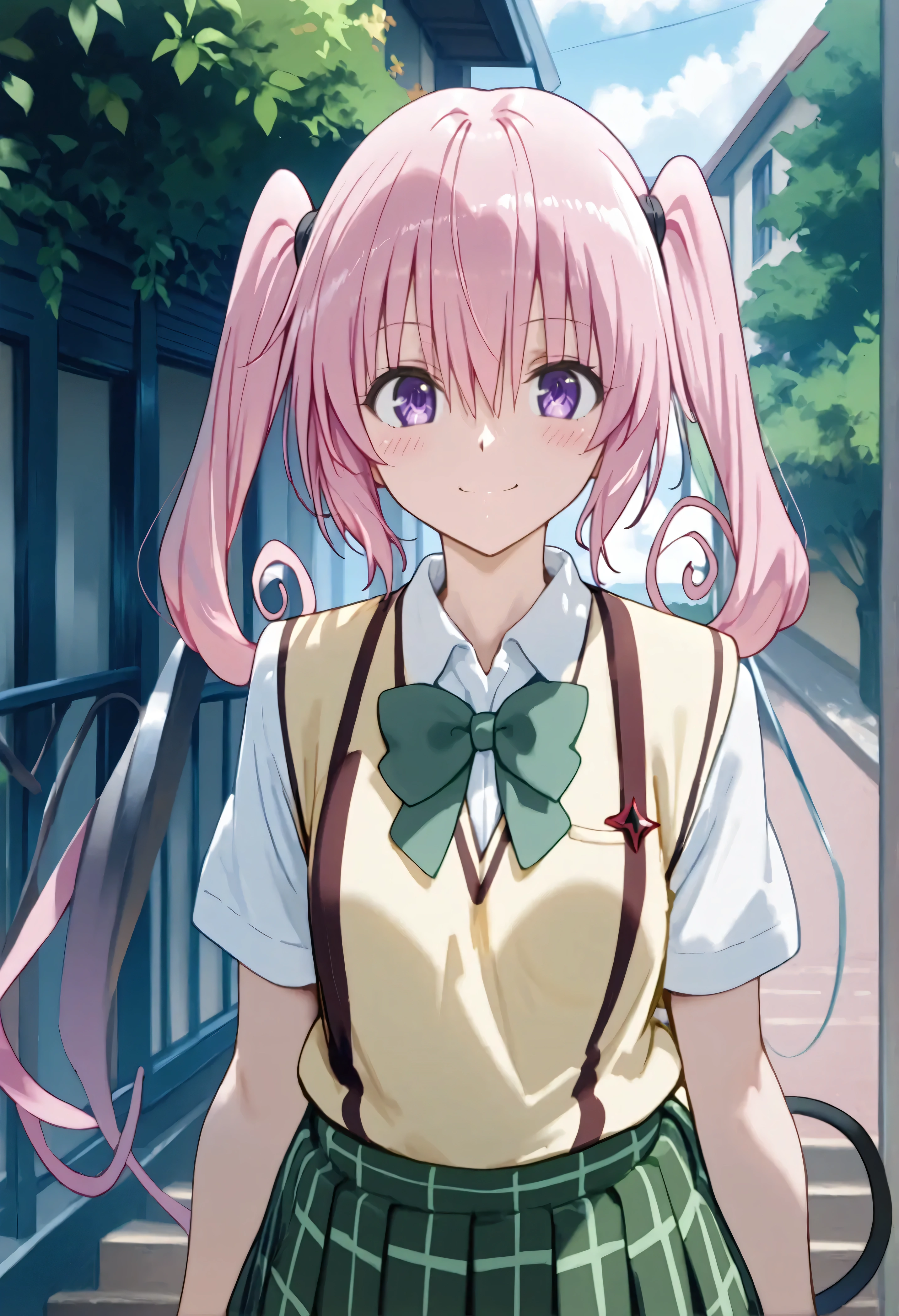 score_9,score_8_up,score_7_up,solo,outdoors,upper body,(portrait:1.5),looking at viewer,facing viewer,smile,blush,Nana Astar Deviluke,long hair,pink hair,twintails,hair between eyes,bangs,purple eyes,school uniform,sweater vest,yellow vest,white shirt,collared shirt,green bowtie,short sleeves,flat breasts,miniskirt,green skirt,plaid skirt,pleated skirt,tail,black socks,loafers