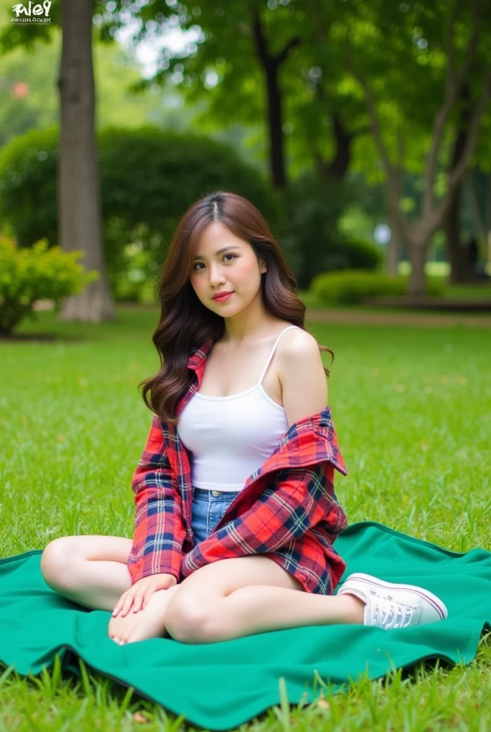 AA casual afternoon in the park: a woman sits on a green blanket, her flannel shirt open over a crisp white singlet, denim shorts a vibrant contrast to the lush surroundings. sneakers.