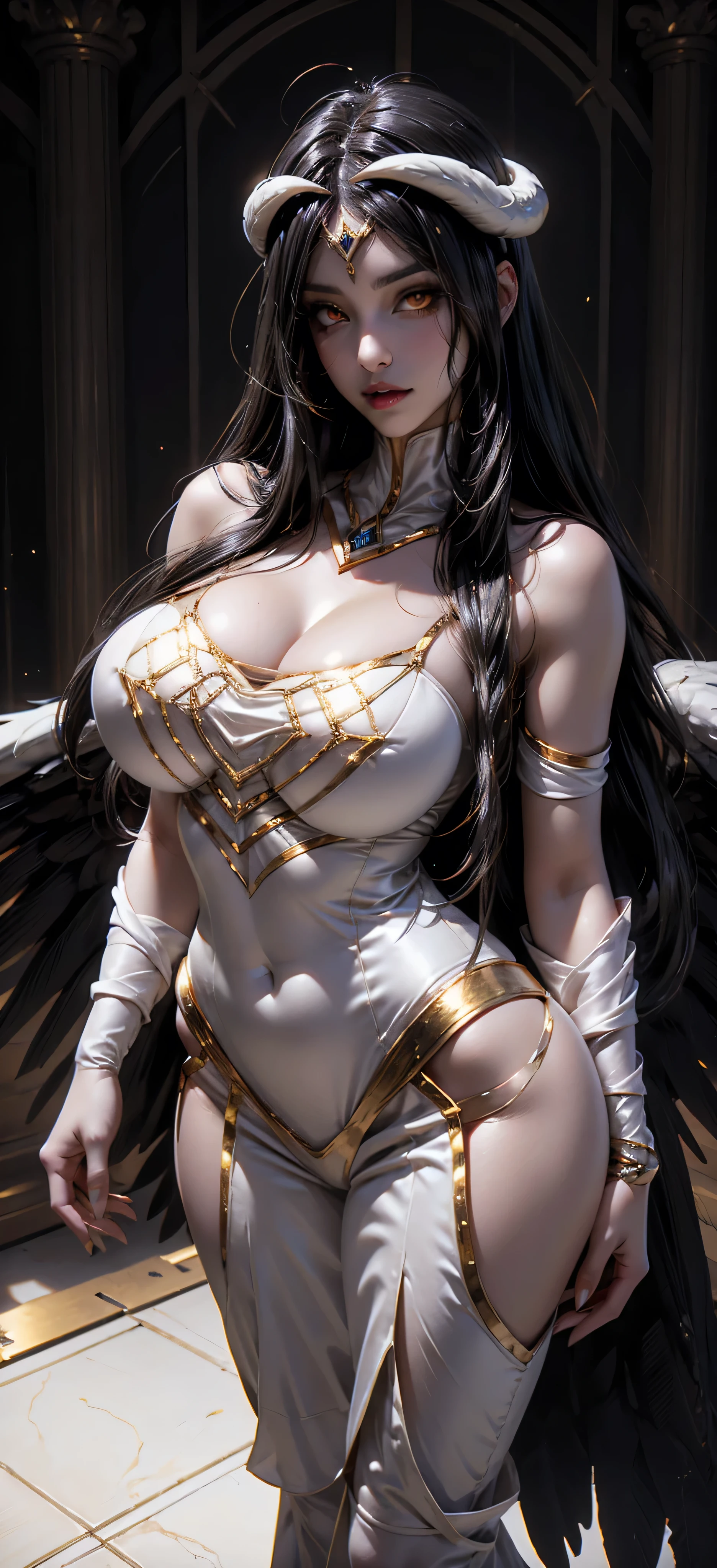 A (super realistic) beautiful sexy woman(albedo _overlord) with (orange eyes with perfect detailing) and white attire(detailed) with gold jewellery on perfect big breast, beautiful breast, black long beautiful hair, hyper detailed black  wings , (full body)(wallpaper pose)(standing in middle with complete face visible)(every thing with best detailing)