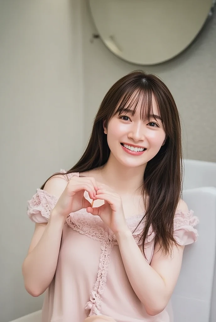 They are wearing off-shoulder pajamas, making a firm big heart shape with both hands, and holding them in front of their chest, View above collarbone、Throat up for a cute smile、Monotone background

