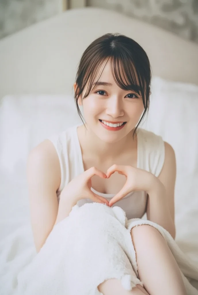 They are wearing off-shoulder pajamas, making a firm big heart shape with both hands, and holding them in front of their chest, View above collarbone、Throat up for a cute smile、Monotone background

