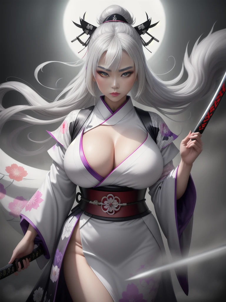 retrato (Solitario (Britney Spears) 1girls big breasts bigger than female head female focus single object holding weapon horns huge breasts japanese clothing white kimono big breasts massive breasts multicolored hair oni oni horns overflowing breasts sideboob solo solo female solo teal focus top heavy hair two tone white hair gun