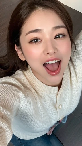 cheerful face,face focus,opening mouth widely,excessive cum in open mouth,penis before woman,happy,look at viewer,at nightclub,light brown wavy hair,sweater,eyelash,selfie,peace sign