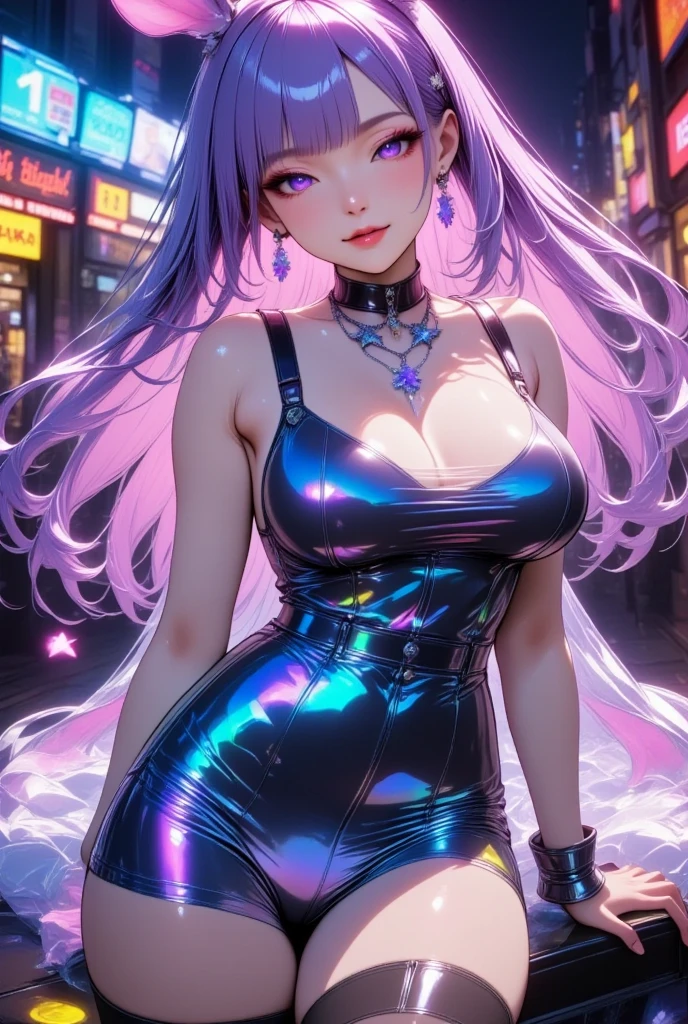  Young Beautiful Woman ,(Best Quality, Extremely Detailed Description , unbelievably absurd high definition,High quality anime drawings:2.0),( shiny black latex bunny dress,Bunny ears, black tights, High Heels :2.0,Gorgeous earrings, necklace ,cuffs),(eyelash,Purple Eyes,Crazy Eyes, half-closed eye:2.0,Glossy lips, big breasts at the temple,Beautiful legs,Thin legs, Shiny Skin, brown skin:2.0),( bewitching smile:2.3,Seductive gestures:2.3, standing:2.0,Side view:2.0,profile:2.0),(Full body image:2.0,),background:Inside the casino,