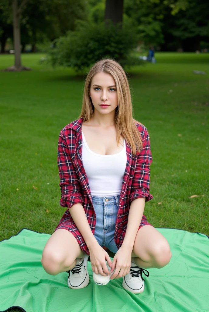 AA casual afternoon in the park: a woman sits on a green blanket, her flannel shirt open over a crisp white singlet, denim shorts a vibrant contrast to the lush surroundings. sneakers.