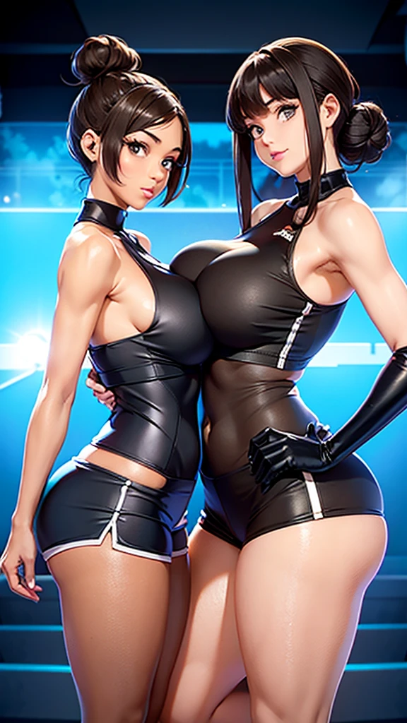 Two extremely tall and buxom sisters. Comparing their height and their breasts. Standing breast to breast. Sister on the left is 6ft 7in tall and 275lbs with immense J cup breasts that project far outward. Brown hair in a loose bun at the back. Leggings and tube top. Sister on the right is 6ft 3in tall and 235lbs with moderately large breasts and bubble butt. She is wearing short shorts and a halter top. She has mediun length black hair brushed to one side.They smile but they are feeling competitive. 