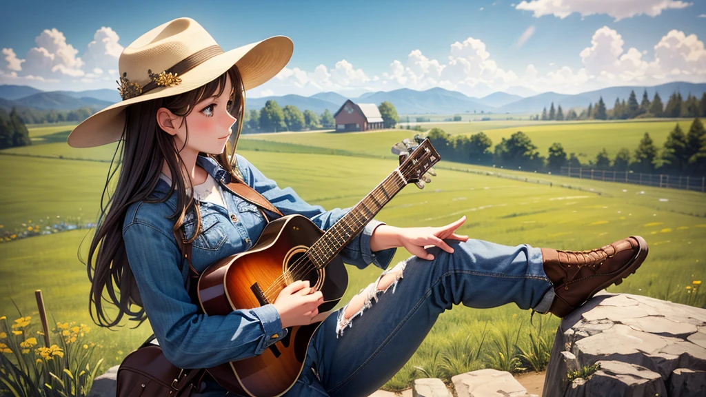 beautiful detailed background, octane render, 8k, best quality, masterpiece, illustration, extremely delicate and beautiful, extremely detailed,CG,unity,wallpaper,Amazing, fine detail, realistic art: 1.2 ,masterpiece, best quality, official art, extremely detailed CG unity 8k wallpaper,,1girl, (cowboy),cowboy hat,haggard,hot,sitting,Plaid shirt,Expose the navel,(Play a old guitar),(look at you,)jeans,outdoor,Western United States,