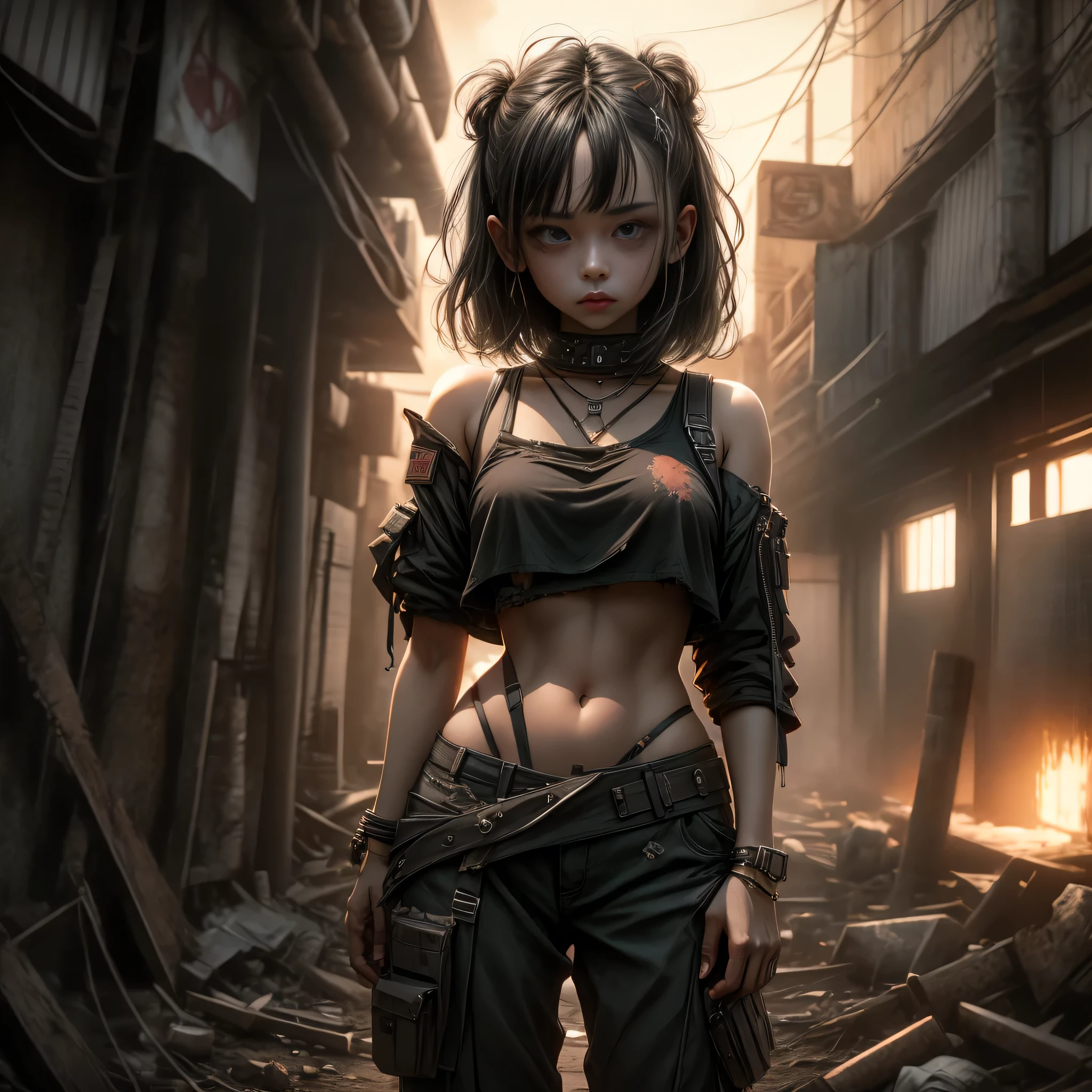 "Oil painting, focus on background
((resilient)) girl standing amidst nuclear wasteland ruins, delicate flowers emerging from the desolation, ominous clouds casting shadows,  fires, explosions, dust, lightning, deep red sunset, very large lens flare. deep orange glow in sky.
((haunting beauty)), post-apocalyptic masterpiece".
 1girl, sydney sweeney, short, rounded, tattered rags of clothes, short dark hair, desperate sad expression, ((white crop top, loose, torn, underboob)), ((low waist cargo pants, black, panties strap showing)), open jacket, realistic face, fierce, very small breasts.
low key lighting, moody, gritty, edgy.
dramatic pose, dramatic composition, low camera angle. from ground looking up, 