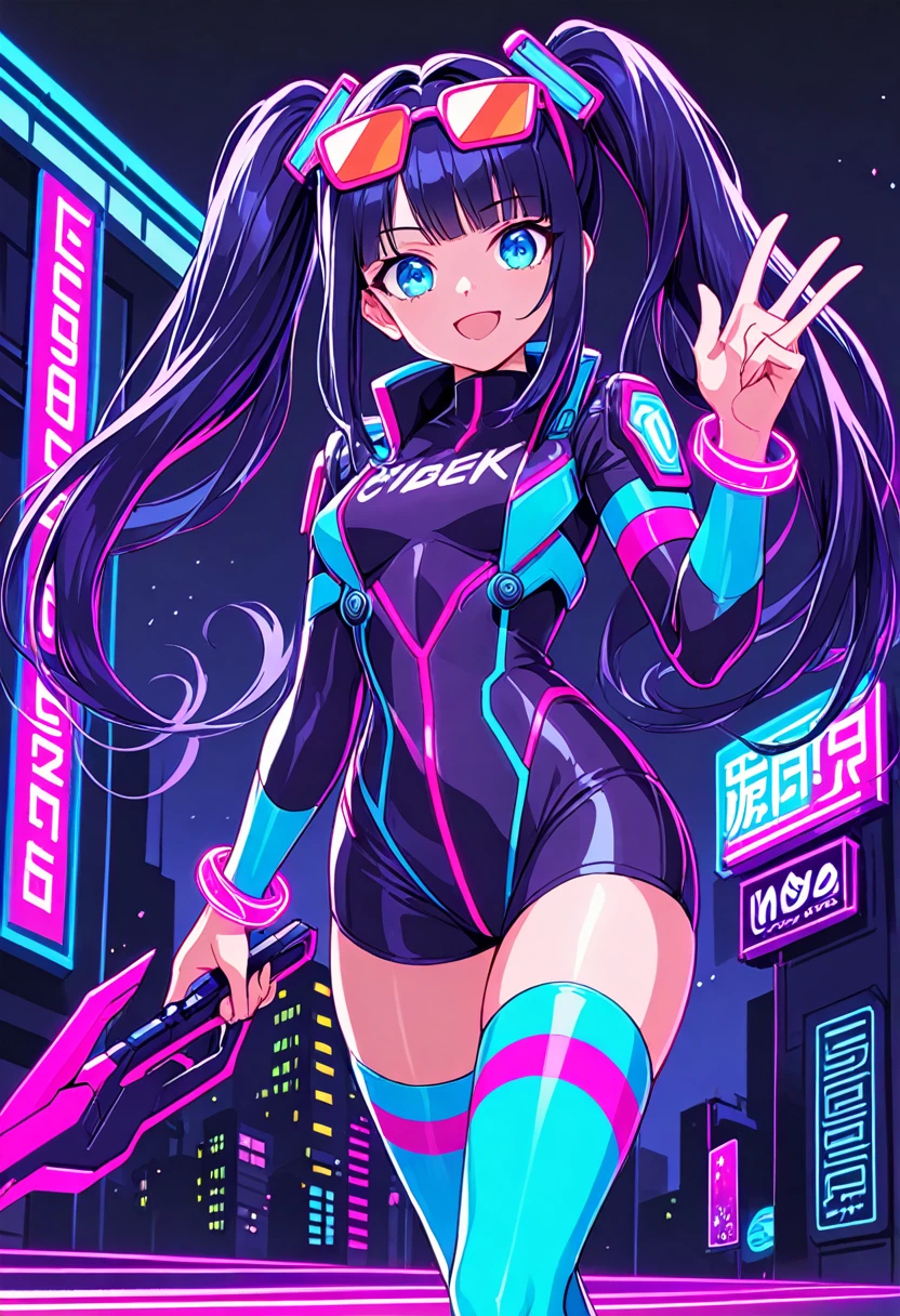 1girl, solo, teen, dark blue hair, long hair, twintails, bangs, light smile, open mouth, face focus, blue eyes, eyewear on head, neon eyewear, cyber suit, neon bracelet, thighhighs, neon boots, holding weapon, blue neon, purple theme, neon lights, cyberpunk, sci-fi, vaporwave, retrowave, city, night, dark background,