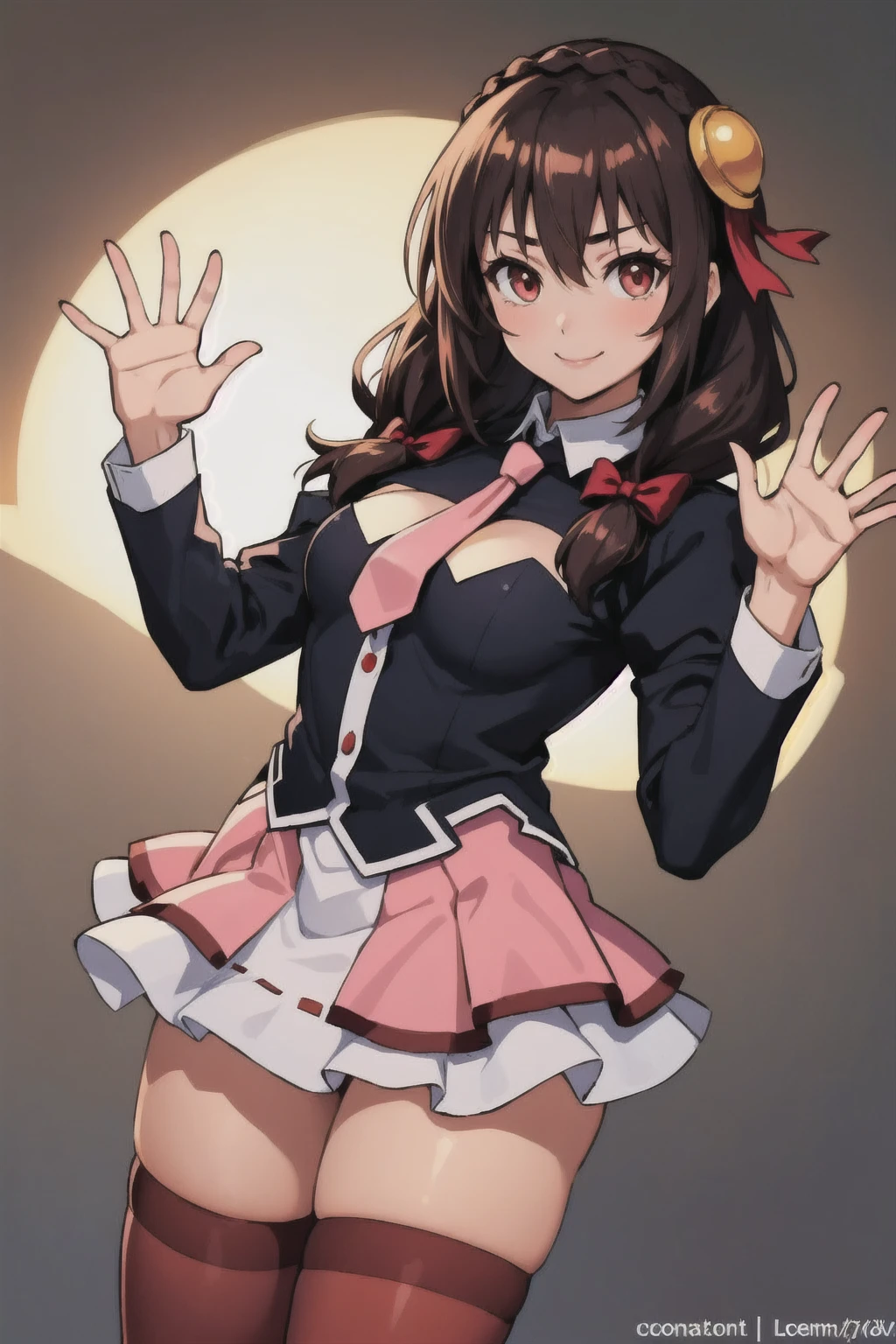 (masterpiece, best quality:1.2), solo, 1girl, yunyun, smile, looking at viewer, waving, crown braid, hair ornament, hair bow, pink necktie, long sleeves, pink skirt, thighhighs 