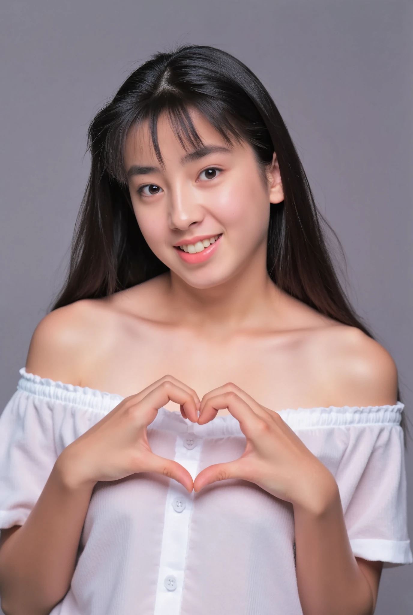 They are wearing off-shoulder pajamas, making a firm big heart shape with both hands, and holding them in front of their chest, View above collarbone、Throat up for a cute smile、Monotone background