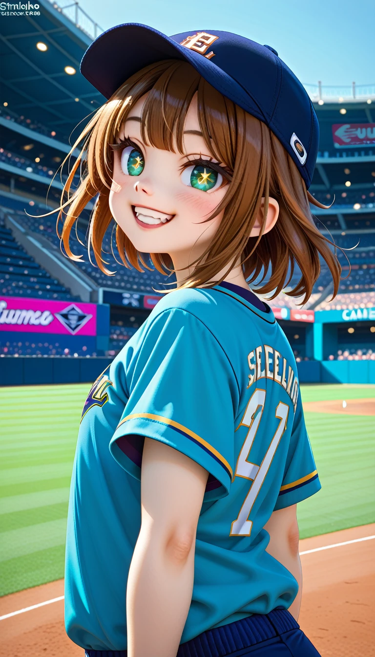 A cute young girl at a baseball stadium during an evening game, smiling brightly as she looks back towards the camera. She is wearing a black baseball cap with a yellow team logo, positioned slightly tilted for a playful effect. Her short brown hair peeks out from under the cap, neatly styled with a soft, natural texture. She has a gentle and friendly expression, with bright, sparkling eyes and a slight blush on her cheeks, conveying excitement and joy. She wears a casual black T-shirt, perfectly matching the relaxed vibe of the stadium setting. Her hand is casually holding the brim of the cap, adding to her charming and spontaneous pose.

The background shows a well-lit baseball stadium with a packed crowd, creating a lively, energetic atmosphere. The field’s green grass and the orange-red clay of the diamond are vividly highlighted under the stadium lights, with a soft, dreamy bokeh effect applied to make her stand out more clearly. The entire scene has a warm and vibrant ambiance, with subtle light flares enhancing the evening setting, capturing the joyous and heartwarming moment at the game.