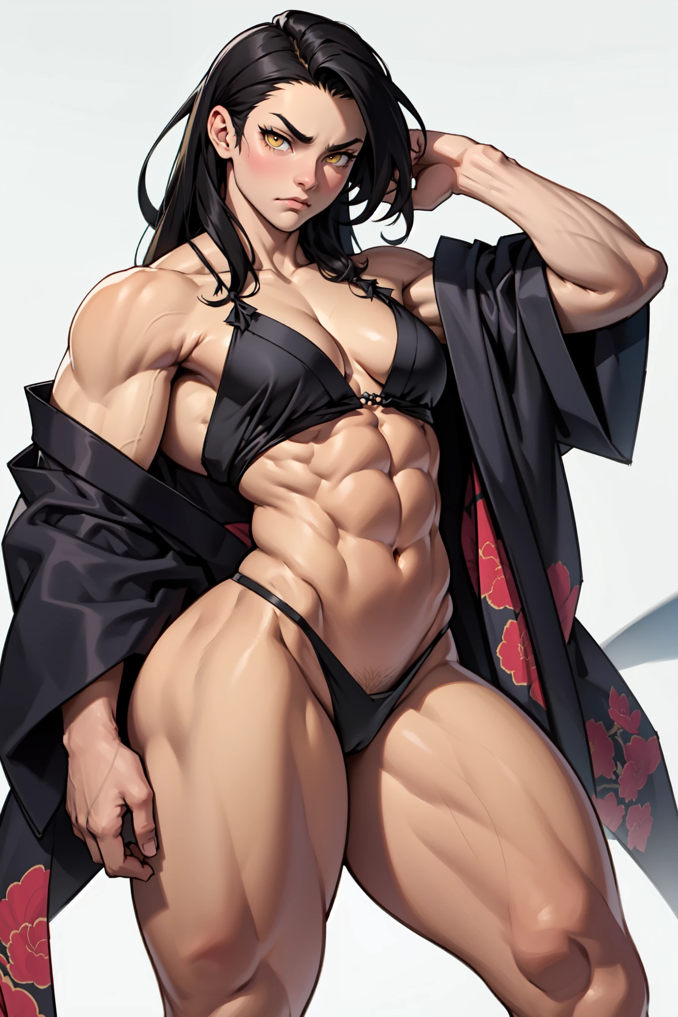 1 girl, bare shoulders, black hair, medium breasts, (muscular legs), white skin, muscular belly, wide hips, thin waist, (((clock eyes))), in the pool with the hot sun, (very sexy black bikini and short), (((being sexy))), full body, hair band, (((all wet))), (standing), heterochromia, black high heel shoes, lolita hair band, long hair, red eyes, smile, only, symbol-shaped pupils, (Kurumi tokisaki), (twintails), yellow eyes