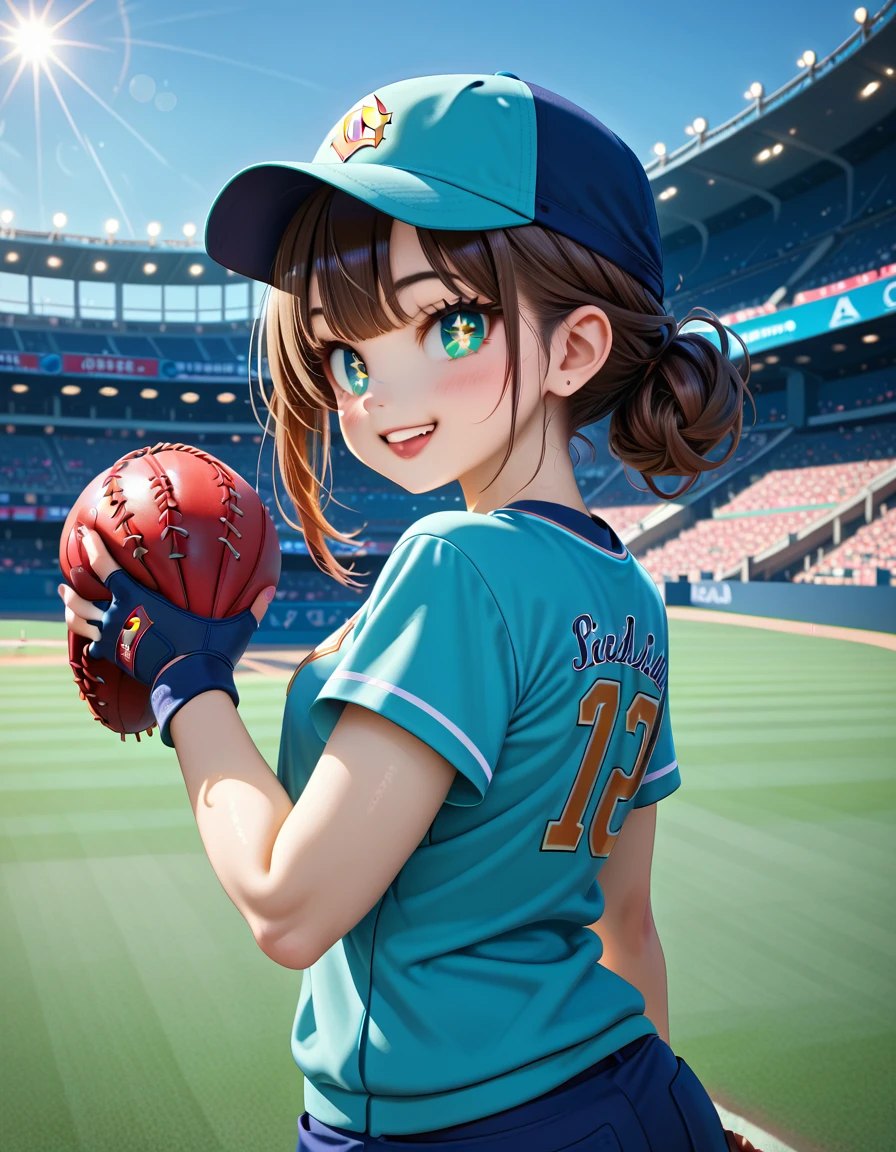 A cute young girl at a baseball stadium during an evening game, smiling brightly as she looks back towards the camera. She is wearing a black baseball cap with a yellow team logo, positioned slightly tilted for a playful effect. Her short brown hair peeks out from under the cap, neatly styled with a soft, natural texture. She has a gentle and friendly expression, with bright, sparkling eyes and a slight blush on her cheeks, conveying excitement and joy. She wears a casual black T-shirt, perfectly matching the relaxed vibe of the stadium setting. Her hand is casually holding the brim of the cap, adding to her charming and spontaneous pose.

The background shows a well-lit baseball stadium with a packed crowd, creating a lively, energetic atmosphere. The field’s green grass and the orange-red clay of the diamond are vividly highlighted under the stadium lights, with a soft, dreamy bokeh effect applied to make her stand out more clearly. The entire scene has a warm and vibrant ambiance, with subtle light flares enhancing the evening setting, capturing the joyous and heartwarming moment at the game.