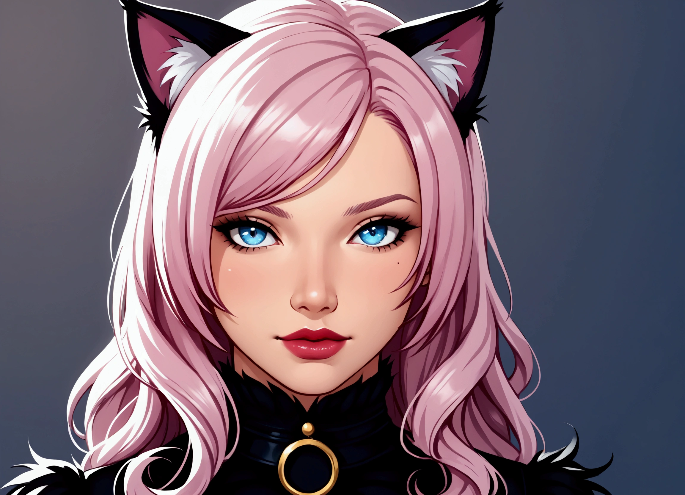 Girl with cat, black cat, pink hair blue eyes, avatar