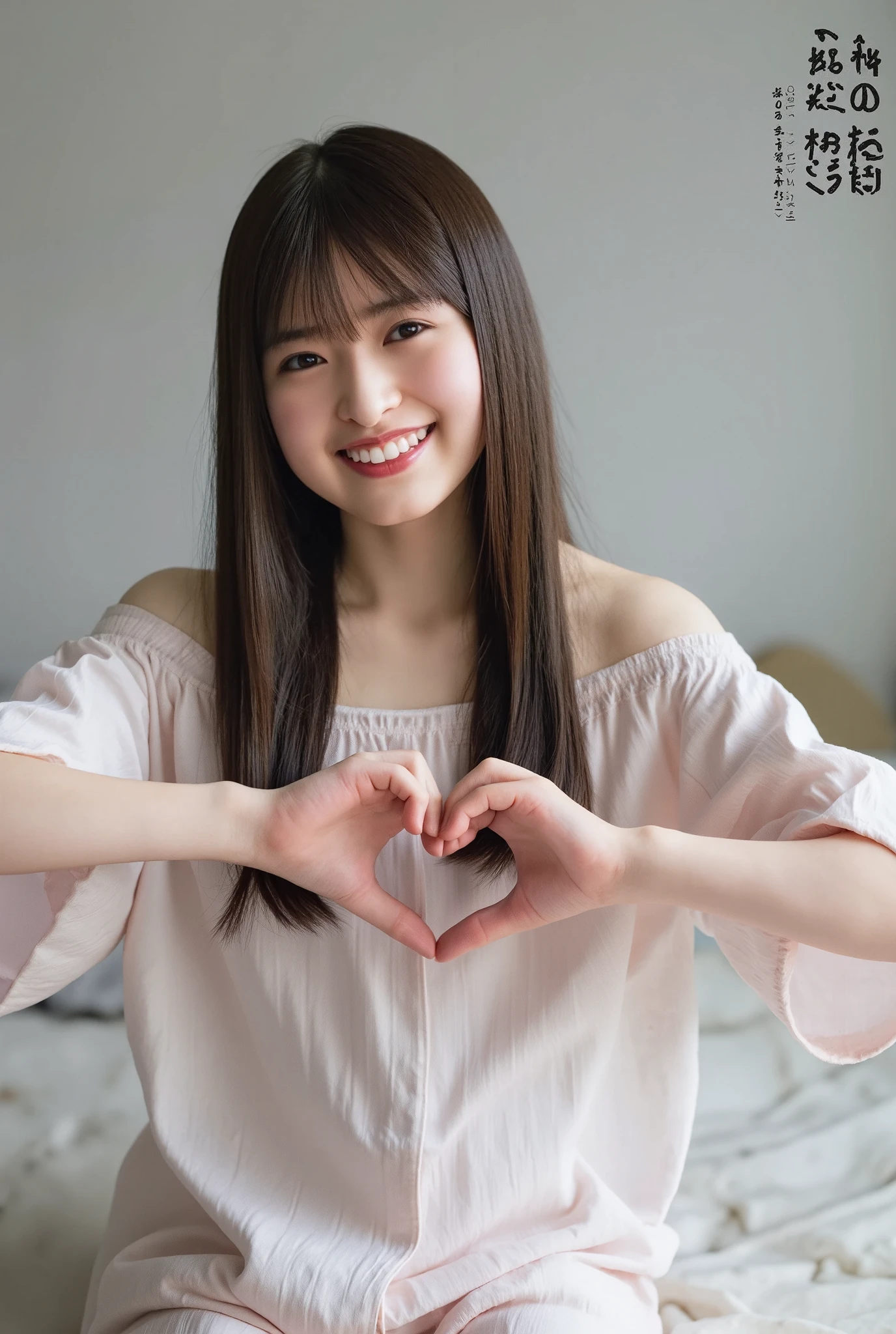 They are wearing off-shoulder pajamas, making a firm big heart shape with both hands, and holding them in front of their chest, View above collarbone、Throat up for a cute smile、Monotone background

