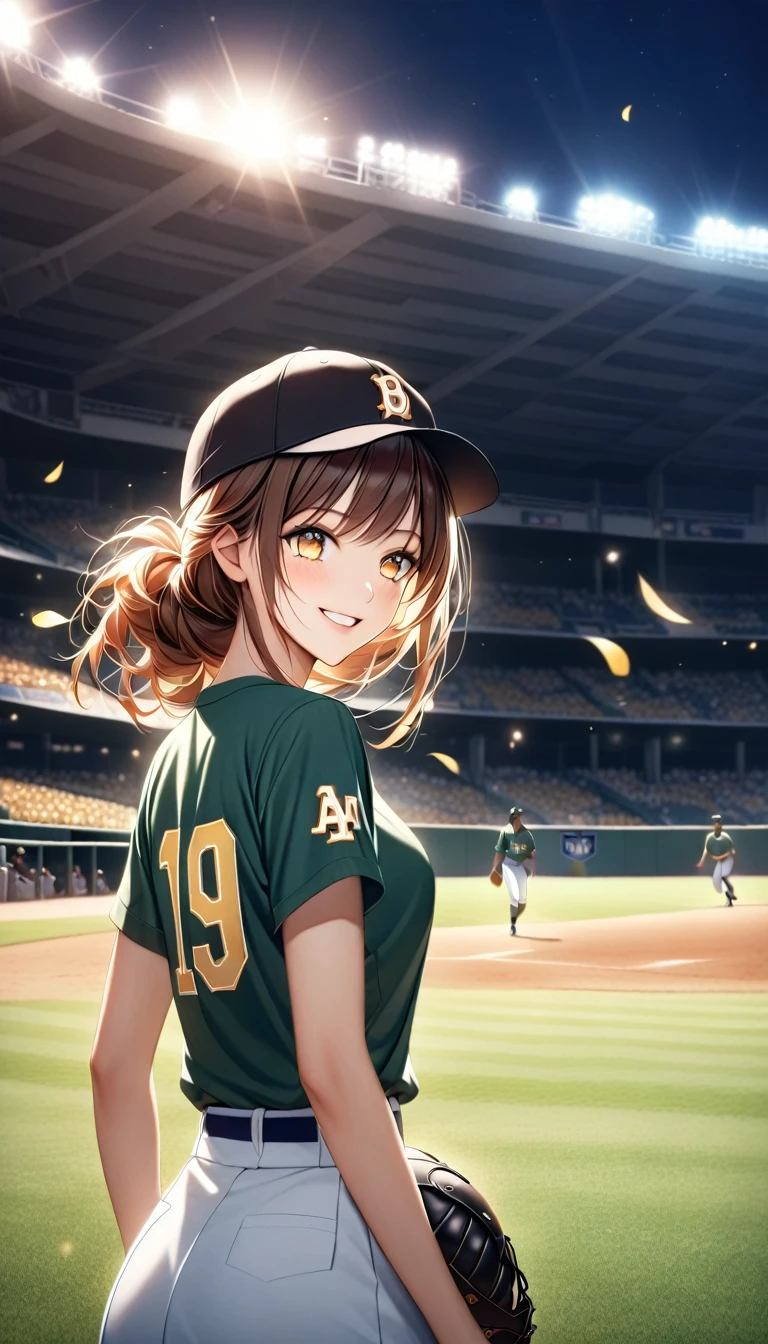 A cute young girl at a baseball stadium during an evening game, smiling brightly as she looks back towards the camera. She is wearing a black baseball cap with a yellow team logo, positioned slightly tilted for a playful effect. Her short brown hair peeks out from under the cap, neatly styled with a soft, natural texture. She has a gentle and friendly expression, with bright, sparkling eyes and a slight blush on her cheeks, conveying excitement and joy. She wears a casual black T-shirt, perfectly matching the relaxed vibe of the stadium setting. Her hand is casually holding the brim of the cap, adding to her charming and spontaneous pose.

The background shows a well-lit baseball stadium with a packed crowd, creating a lively, energetic atmosphere. The field’s green grass and the orange-red clay of the diamond are vividly highlighted under the stadium lights, with a soft, dreamy bokeh effect applied to make her stand out more clearly. The entire scene has a warm and vibrant ambiance, with subtle light flares enhancing the evening setting, capturing the joyous and heartwarming moment at the game.