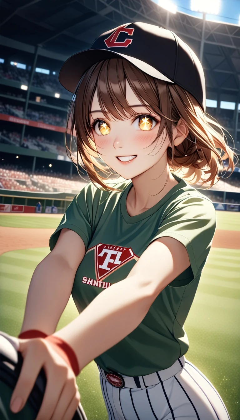 A cute young girl at a baseball stadium during an evening game, smiling brightly as she looks back towards the camera. She is wearing a black baseball cap with a yellow team logo, positioned slightly tilted for a playful effect. Her short brown hair peeks out from under the cap, neatly styled with a soft, natural texture. She has a gentle and friendly expression, with bright, sparkling eyes and a slight blush on her cheeks, conveying excitement and joy. She wears a casual black T-shirt, perfectly matching the relaxed vibe of the stadium setting. Her hand is casually holding the brim of the cap, adding to her charming and spontaneous pose.

The background shows a well-lit baseball stadium with a packed crowd, creating a lively, energetic atmosphere. The field’s green grass and the orange-red clay of the diamond are vividly highlighted under the stadium lights, with a soft, dreamy bokeh effect applied to make her stand out more clearly. The entire scene has a warm and vibrant ambiance, with subtle light flares enhancing the evening setting, capturing the joyous and heartwarming moment at the game.