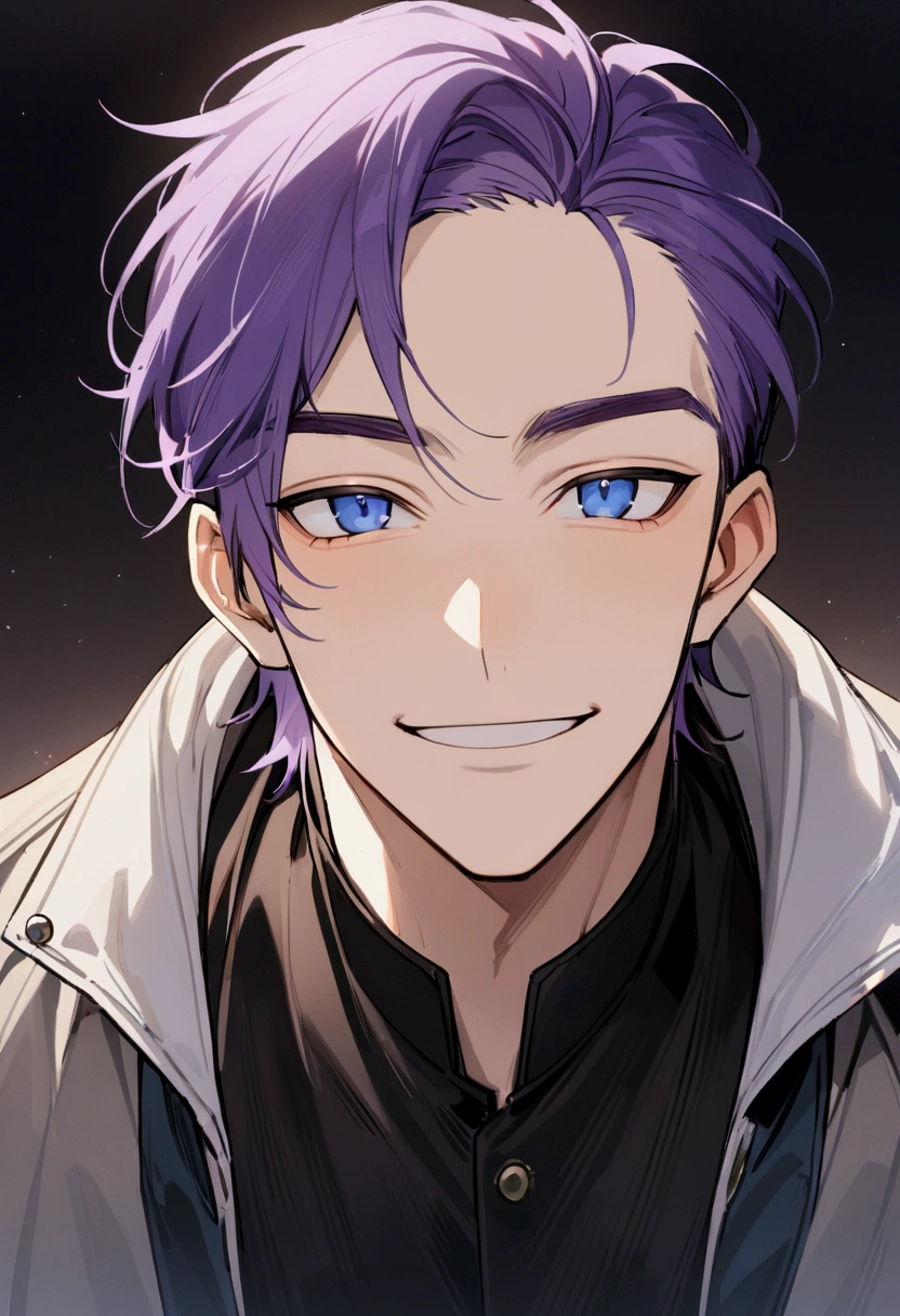 whole body、Character portrait、male、masterpiece、Handsome、The forehead is visible、1 man,  purple Hair、Jacket、Give bangs、Showing his forehead、Handsome、good looking, ((blue eyes)), 30 years old, handsome male, ((sarcastic)), sarcastic smile