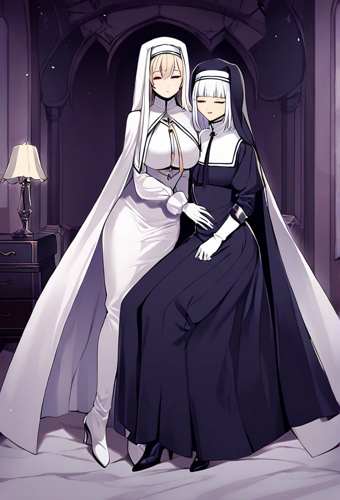 (2girls, couple) Nun, long skirt, long over loose sleeves, white gloves, faceless, handless, nun outfits, 
cape covering whole body, long cape, scary cape, sexy, sexy pose, heels boots, room, bed, sleeping together