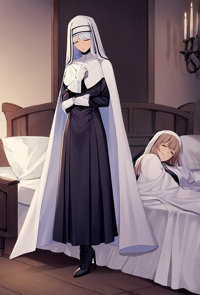 (2girls, couple) Nun, long skirt, long over loose sleeves, white gloves, faceless, handless, nun outfits, 
cape covering whole body, long cape, scary cape, sexy, sexy pose, heels boots, room, bed, sleeping together