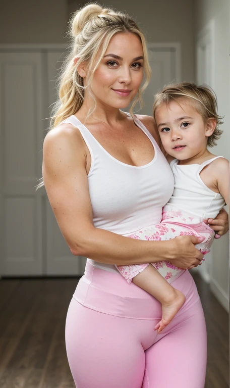 Full body shot of sexy blonde milf, chubby, cute face, 45yo, wearing Cotton pink leggings and Tank top
, holding son (cinematic:1.3), intricate details, (ArtStation:1.2),detailed face, 4k, UHD,beautiful eyes, realistic skin texture,hairs tied up, mature healthy figure,